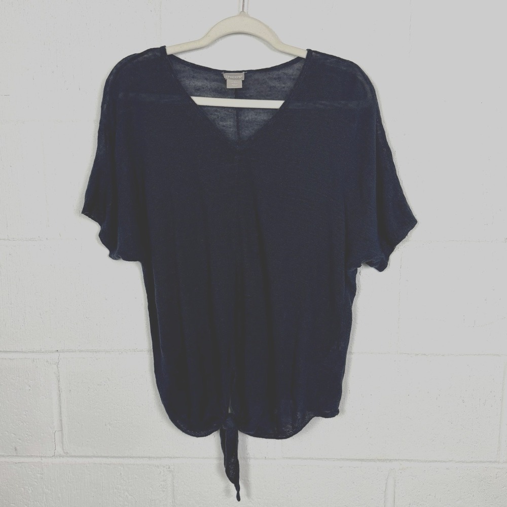 Chicos Linen Blend Tie‎ Front Top Size L Navy Relaxed Beach Coastal Capsule Euro